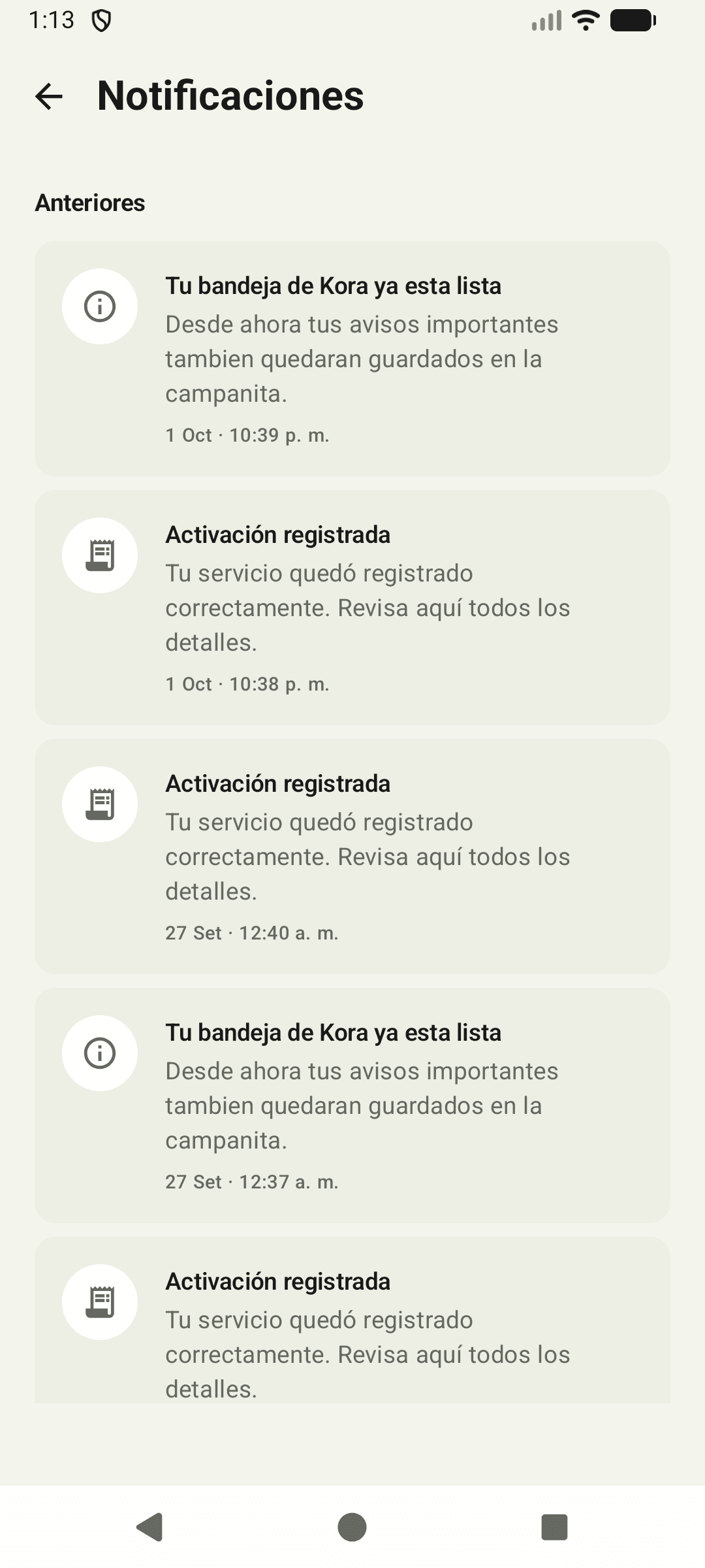 Bandeja real de notificaciones y activaciones en KORA App